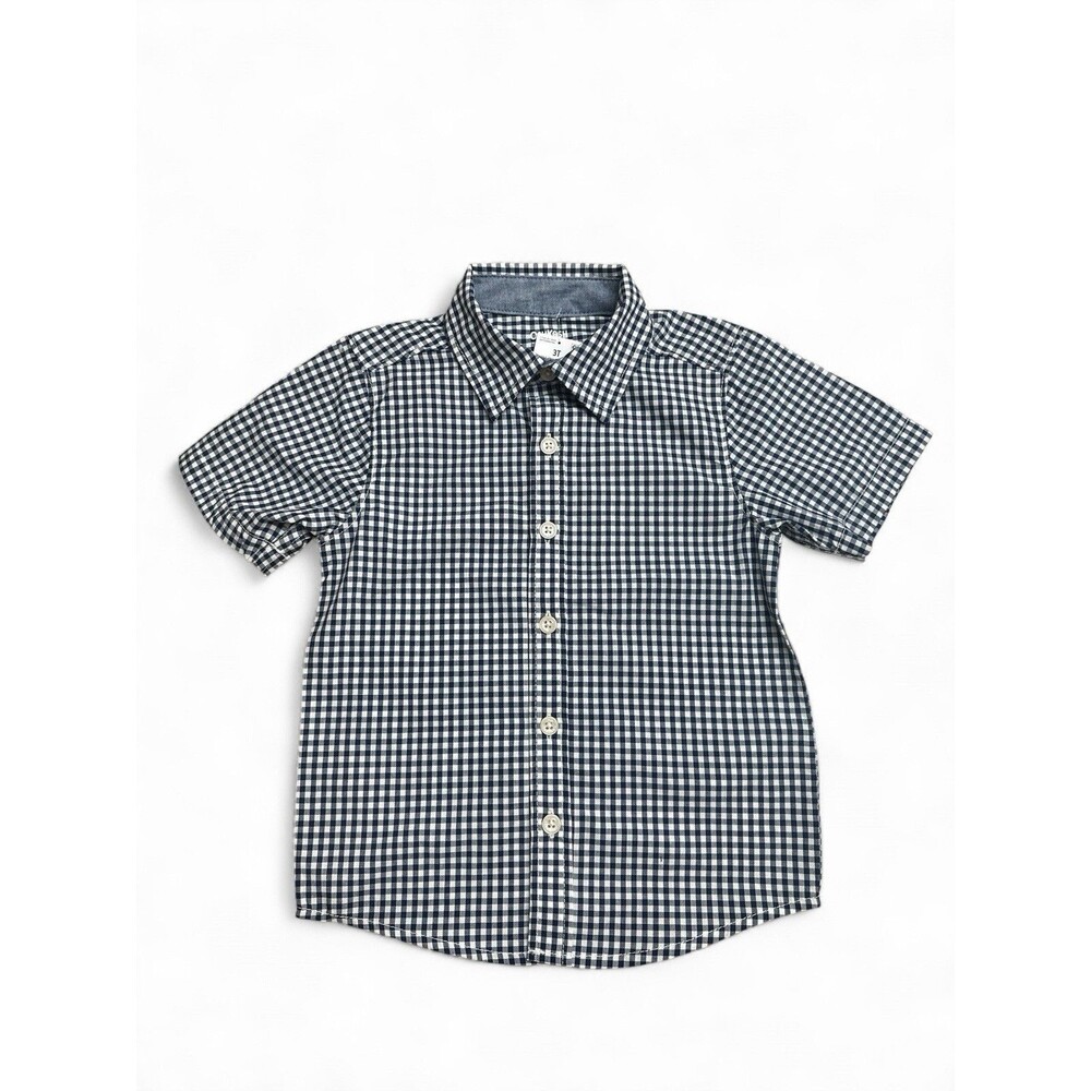 NWT Oshkosh B'Gosh Boy's 3t Navy & White Plaid Short Sleeve Button Down Shirt